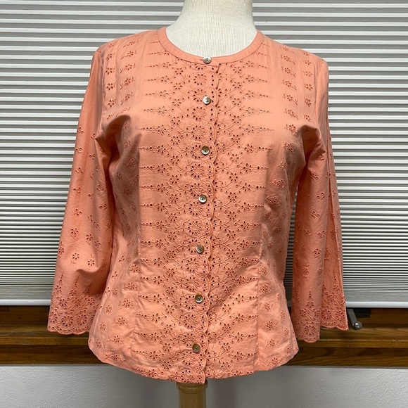 J. Jill Apricot Cotton Eyelet 3/4 Bell Sleeve Button Down Shirt Size Small - Picture 1 of 9
